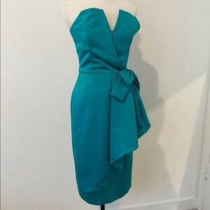 Vintage Victor Costa Strapless Bow Detail Peacock Teal Cocktail Dress
